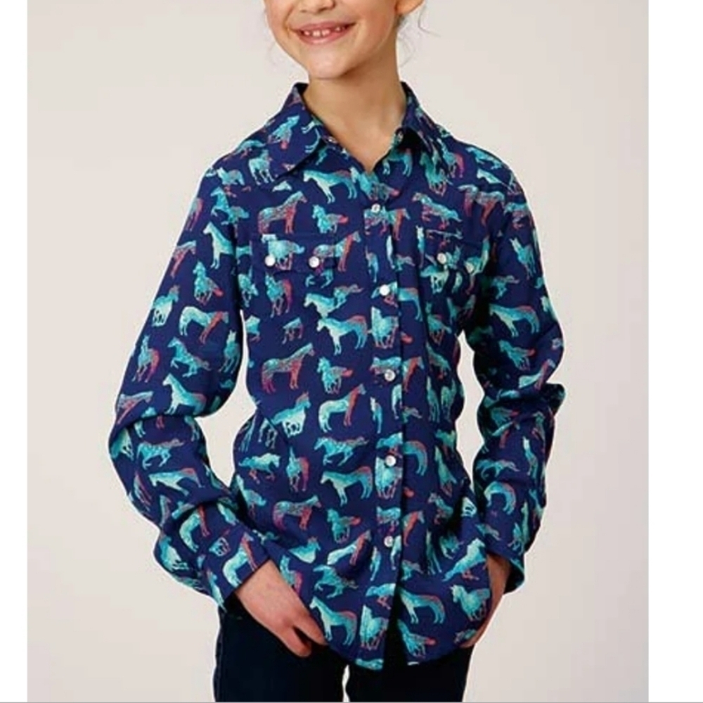 Roper Girls Five Star Horse Print Shirt Blue Sz 6/6x
